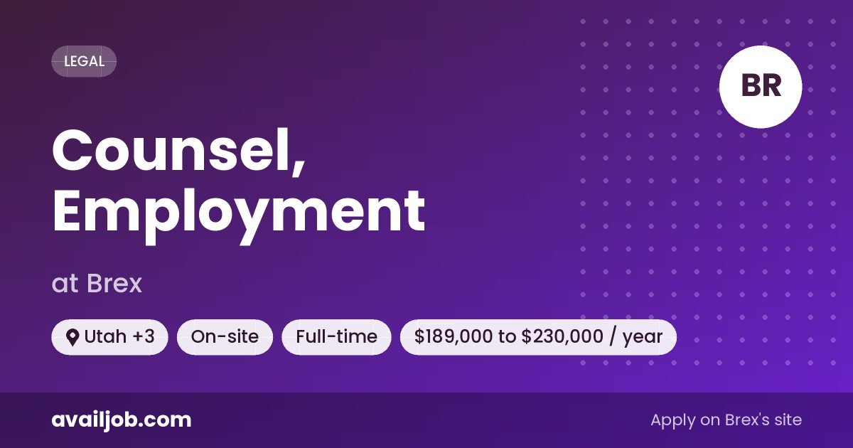 Counsel, Employment job at Brex in Utah