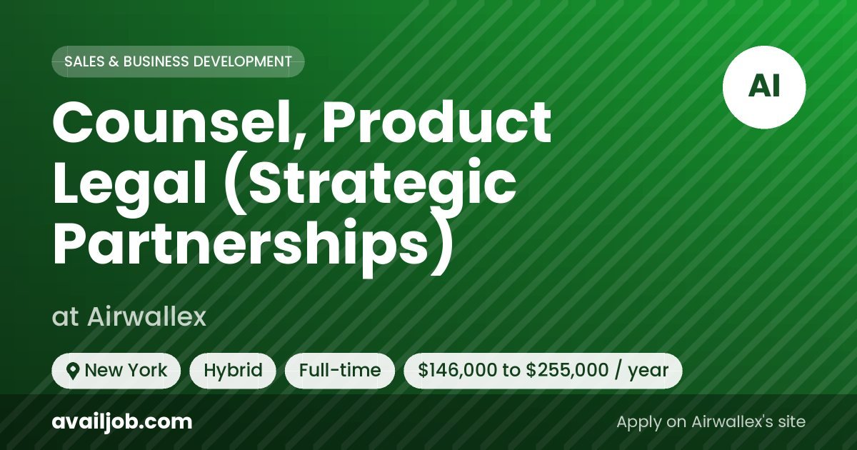 Counsel, Product Legal (Strategic Partnerships) job at Airwallex in New York